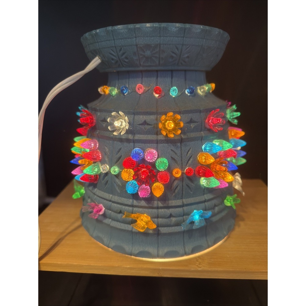 Vtg Blue Lawnware Hanging Lamp Camping RV Swag Light Birds Ribbons Flowers Pot